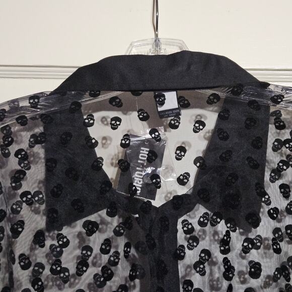 Black Flocked Skull Hot Topic Button Down Top Shirt LG Large Goth Emo Scene Alt - Picture 6 of 7